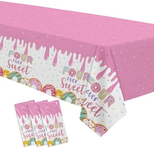 Four Ever Sweet Birthday Tablecloth Set for 4th Birthday 3 Pack 55x86in