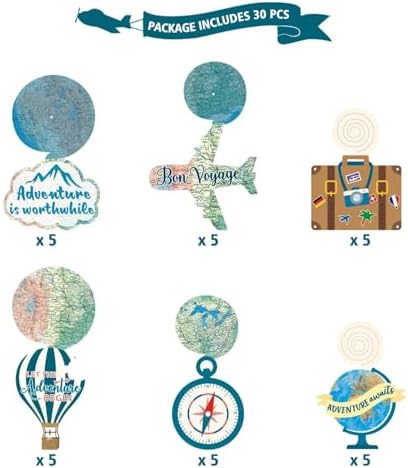 30CT Travel Themed Hanging Swirl Decorations