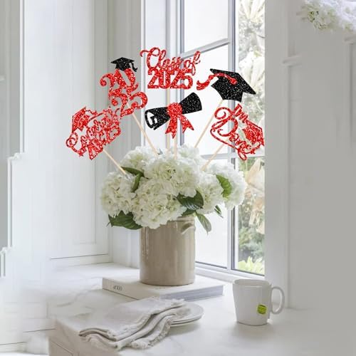 2025 Graduation Cap Centerpiece Sticks with Red Glitter
