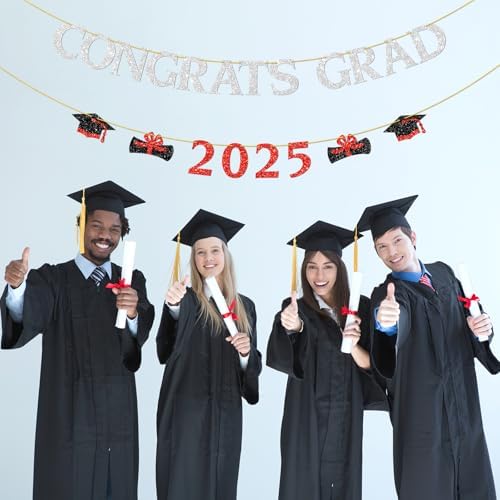Congrats Grad 2025 Silver Red Glitter Banner