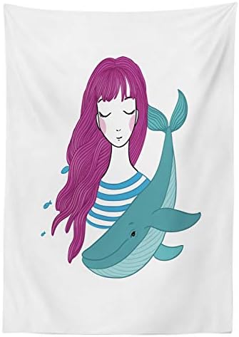 Ambesonne Retro Outdoor Tablecloth Teenage Girl with Whale Illustration 58 X 84