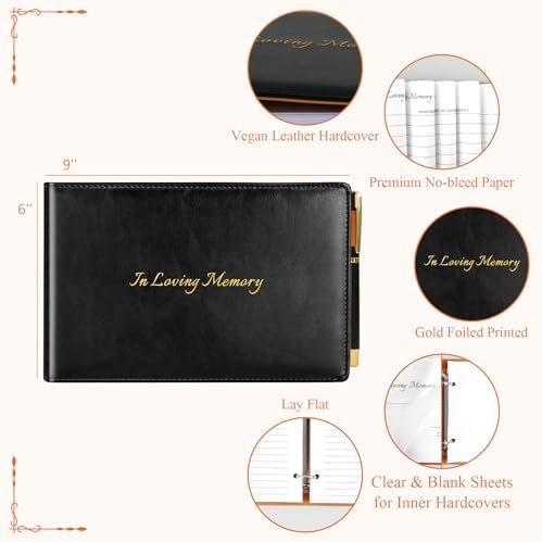 Dapsang Black Leather Funeral Guest Book with Pen 120 Pages Loose Leaf