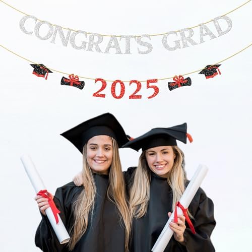Congrats Grad 2025 Silver Red Glitter Banner