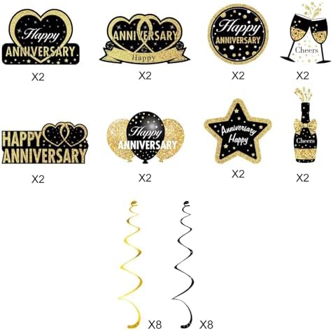 16Pcs Black Gold Happy Wedding Anniversary Hanging Swirls Decorations