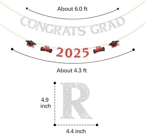 Congrats Grad 2025 Silver Red Glitter Banner