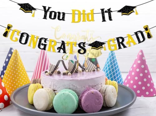 2025 Graduation Banners with Black Gold Glitter
