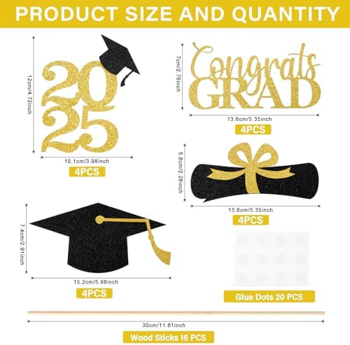 2025 Graduation Centerpieces Gold Black Set of 16