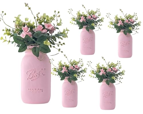 Set of 5 Painted Mason Jars Rustic Centerpieces for Weddings and Events