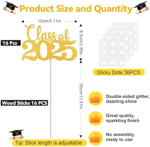 Class of 2025 Gold Glitter Centerpieces with Sticks