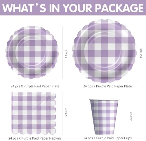 Light Purple Gingham Party Tableware Set for 24 Guests