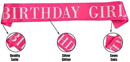 Birthday Girl Sash for Women Hot Pink Satin with Silver Glitter