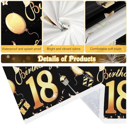 HOWAF 3 Pack 18th Birthday Tablecloth Black Gold