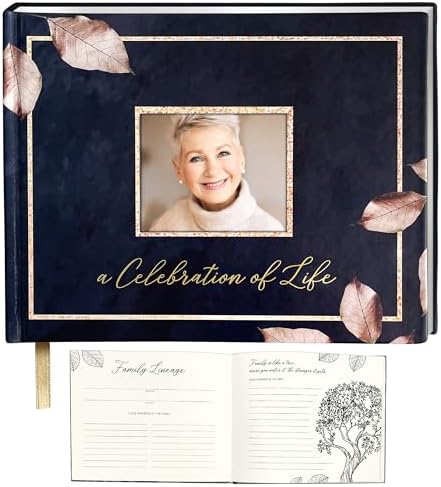 Elegant Funeral Guest Book with Photo Pocket and Rose Gold Design