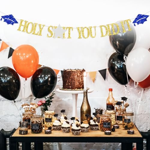 Congrats You Did It Banner Gold Blue Glitter