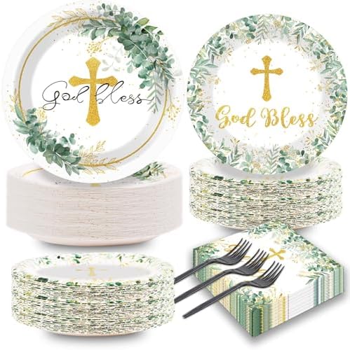 200Pcs God Bless Baptism Plates Napkins Tableware Set for 50 Guests