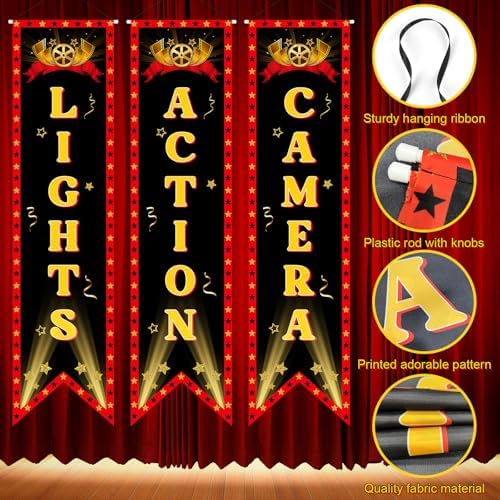 Movie Night Hollywood Banner with Lights Camera Action