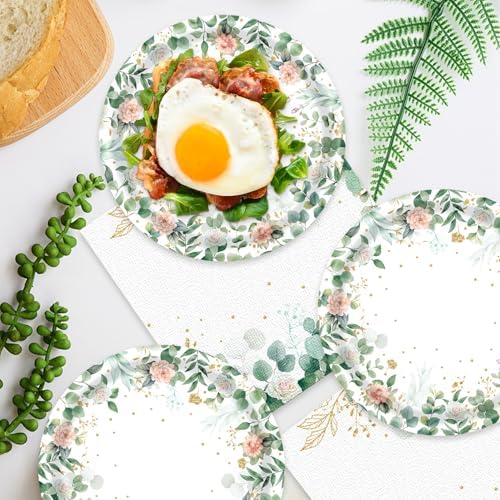 Sage Green Floral Paper Plates and Napkins Set 40Pcs