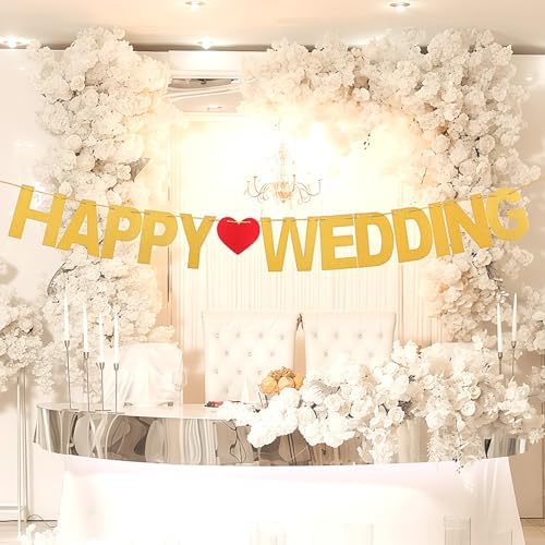 Totelux Gold Glitter Wedding Banner with Heart Design