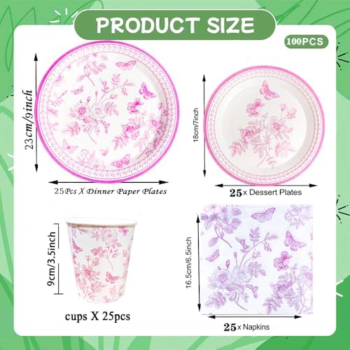 100 Pcs Pink White Floral Party Set for 25 Guests