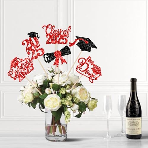 2025 Graduation Cap Centerpiece Sticks with Red Glitter