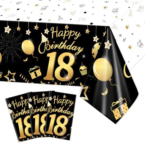 HOWAF 3 Pack 18th Birthday Tablecloth Black Gold