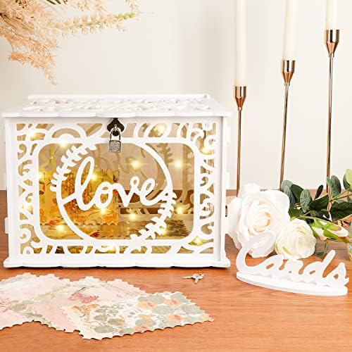 AerWo White PVC Card Box for Wedding with Lock and String Lights