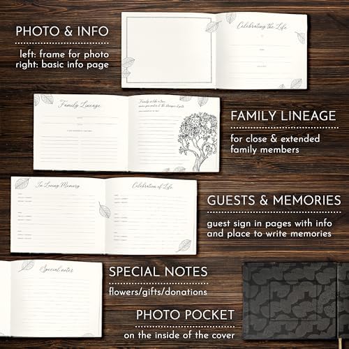 Elegant Funeral Guest Book with Photo Pocket and Rose Gold Design