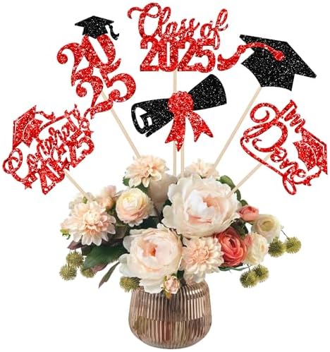 2025 Graduation Cap Centerpiece Sticks with Red Glitter