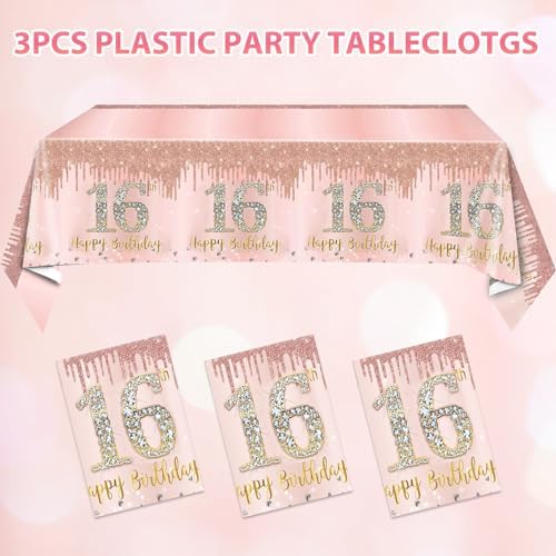 Sweet Rose Gold 3 Pack 16th Birthday Tablecloths