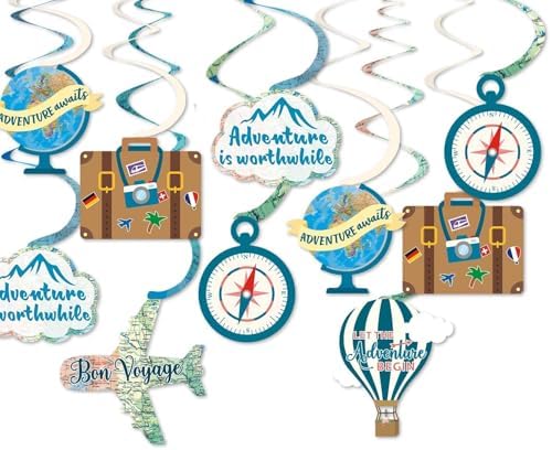 30CT Travel Themed Hanging Swirl Decorations
