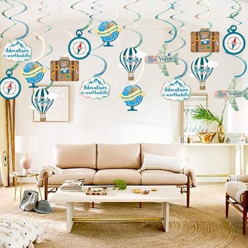 30CT Travel Themed Hanging Swirl Decorations
