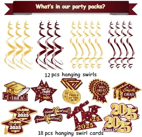 2025 Graduation Party Maroon Gold Decorations 30pcs