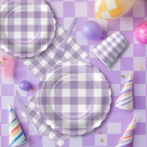 Light Purple Gingham Party Tableware Set for 24 Guests
