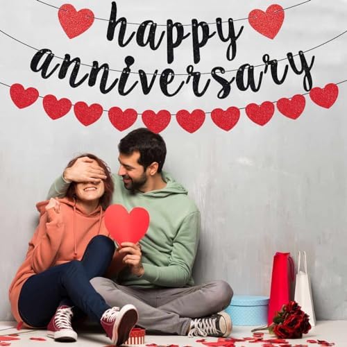 Zwiebeco Black Red Happy Anniversary Banner with Hearts