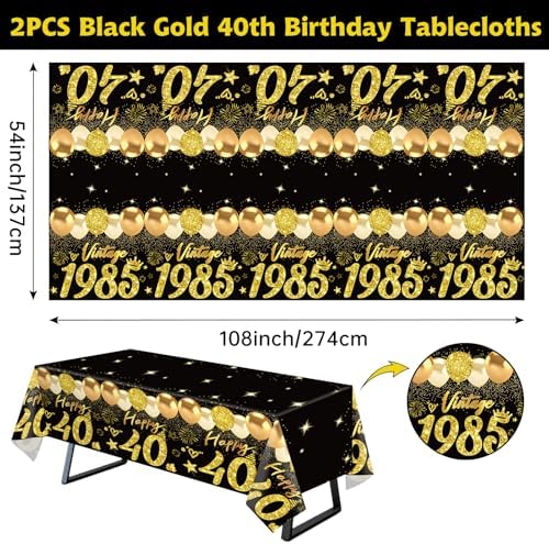 2pcs Black Gold 40th Birthday Tablecloth Decorations
