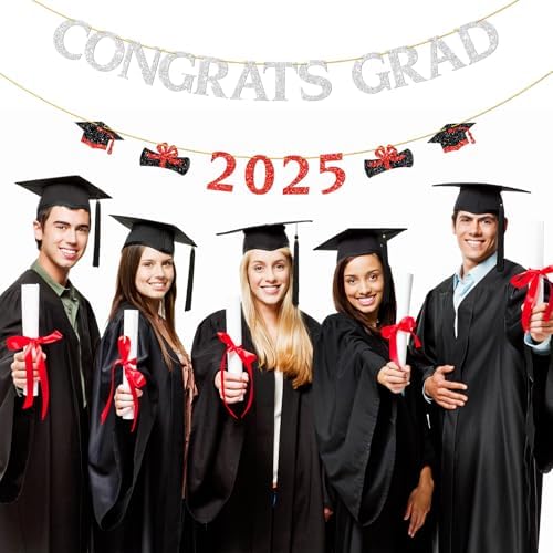Congrats Grad 2025 Silver Red Glitter Banner