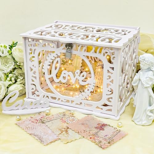 AerWo White PVC Card Box for Wedding with Lock and String Lights