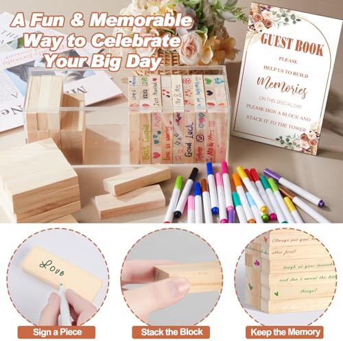 Beeveer 80 Pcs Wooden Block Guest Book Set for Wedding Sign In
