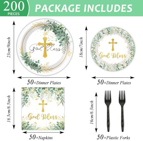 200Pcs God Bless Baptism Plates Napkins Tableware Set for 50 Guests