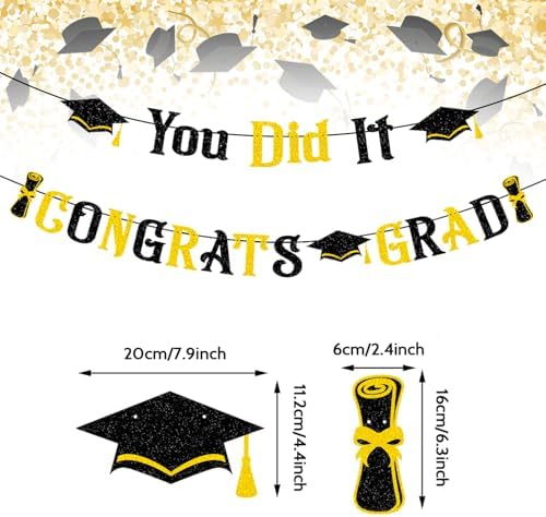 2025 Graduation Banners with Black Gold Glitter