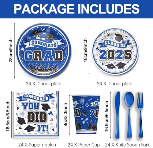 Graduation 2025 Blue Themed Party Tableware Set for 24 Guests