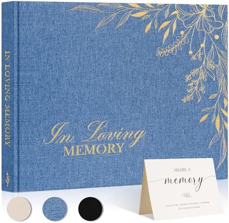 Lanpn Blue Linen Funeral Guest Book with Memory Table Sign