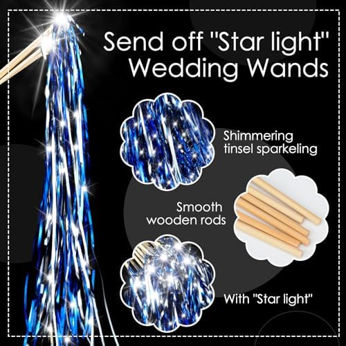 24 Pcs Lighted Wedding Wands LED Blue Silver Tinsel
