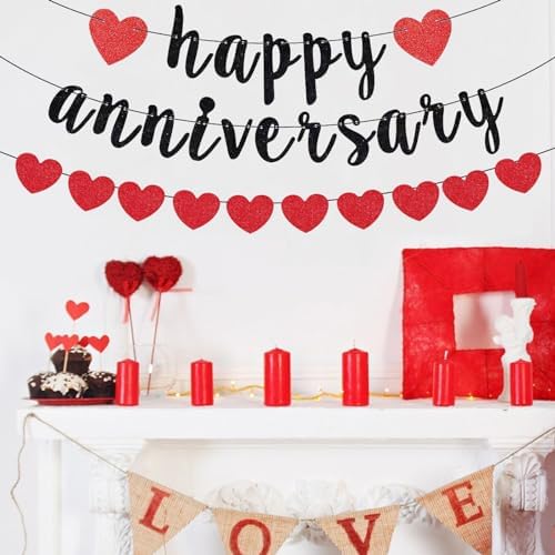 Zwiebeco Black Red Happy Anniversary Banner with Hearts