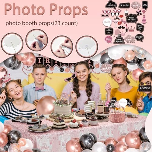 207 Pcs Rose Gold Black Birthday Decorations for Women