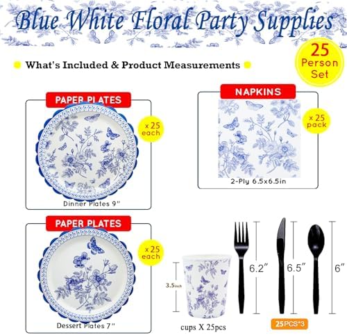 175Pcs Blue Floral Party Supplies for 25 Guests
