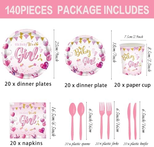 140 Pcs Baby Girl Party Decorations Plates Set Serves 20