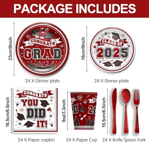 Maroon Graduation Party Tableware Set for 24 Guests 2025