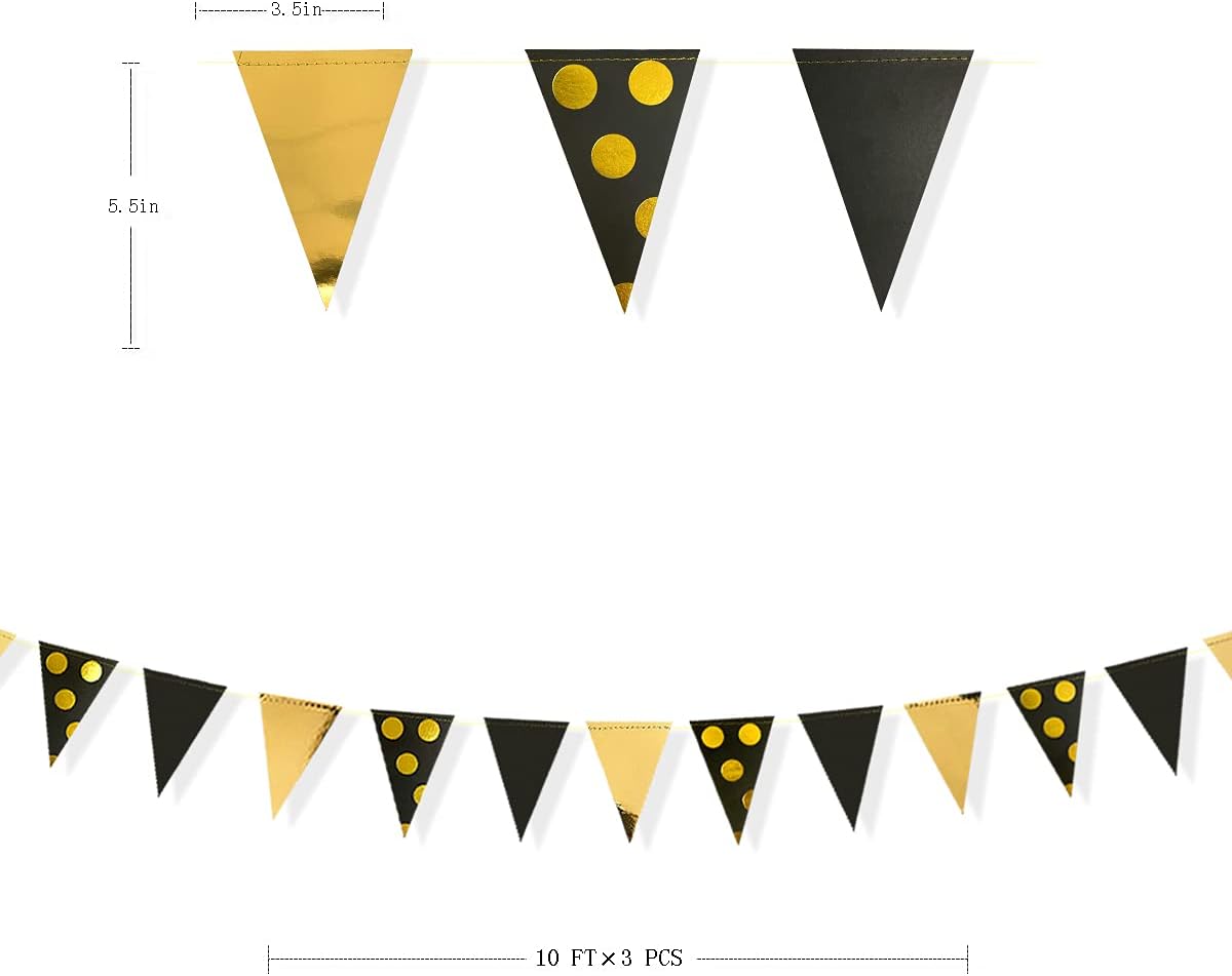 30 Ft Black Gold Triangle Pennant Banner Garland