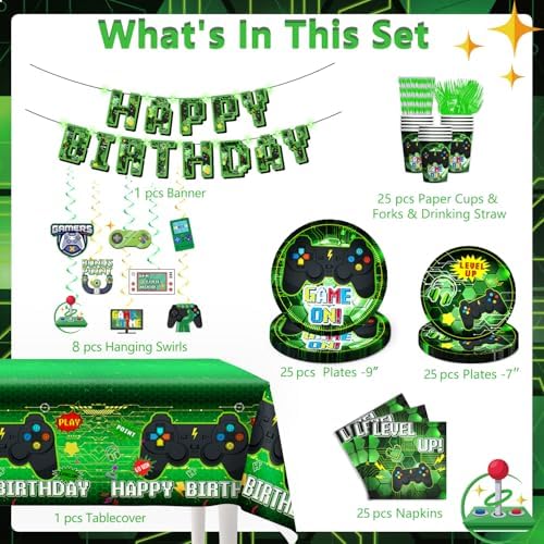 159 Pcs Video Game Birthday Decorations Set Green
